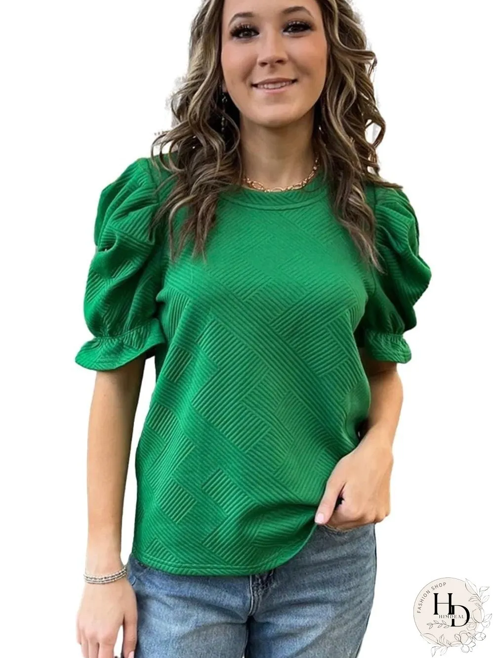 Elegant Dark Green Ruffled Textured Puff Sleeve Blouse