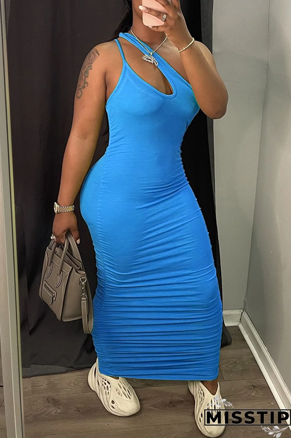Blue Sexy Casual Solid Hollowed Out Fold One Shoulder Sleeveless Dress
