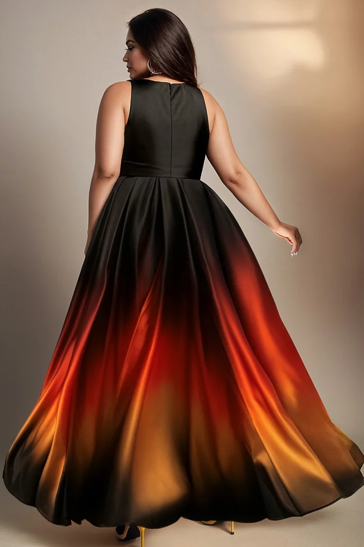 Xpluswear Design Plus Size Semi Formal Black Gradient V Neck Pocket Satin Sundress Maxi Dresses