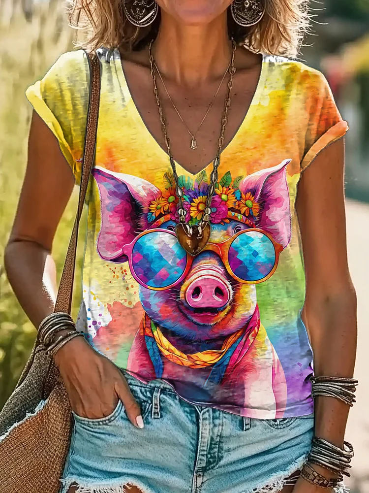 Colorful Pig Dyeing Print 100%Cotton V-neck T-Shirt