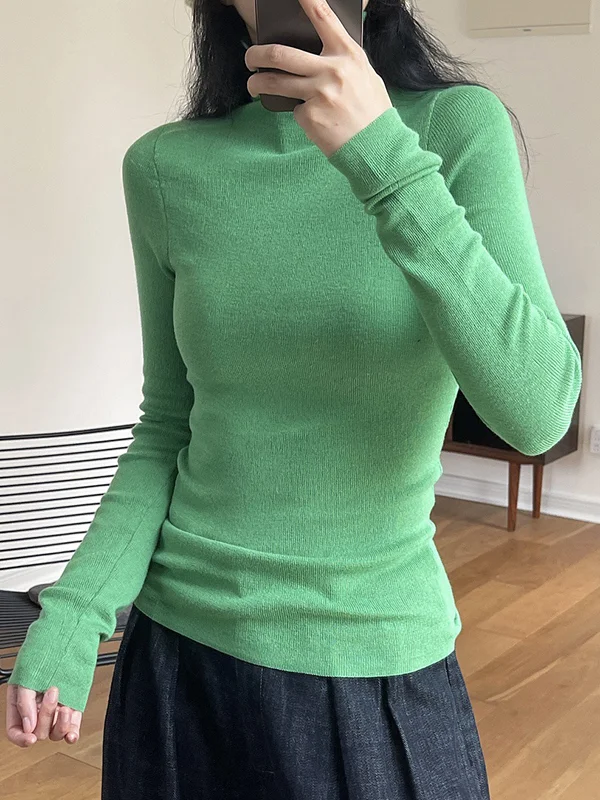 Solid Color Skinny Long Sleeves High-Neck Sweater Tops Pullovers