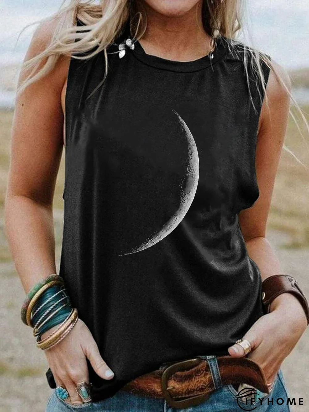 Black Moon Printed Shift Crew Neck Party Daily Casual Sleeveless Tank & Cami | IFYHOME