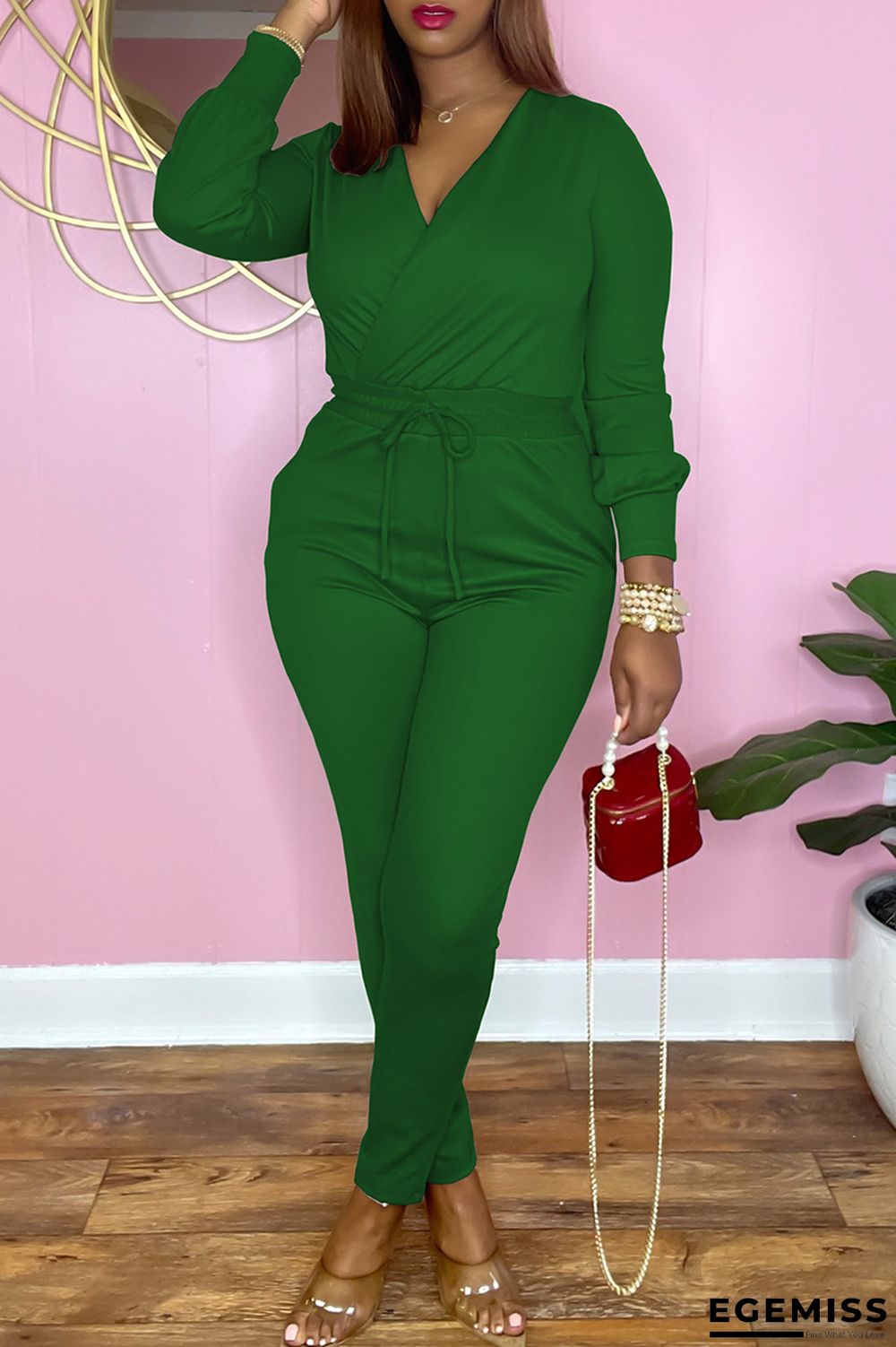 Green Fashion Casual Solid Basic V Neck Regular Jumpsuits | EGEMISS