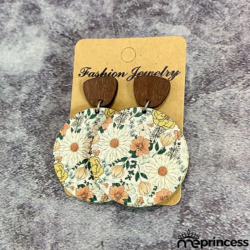 Women Fashion Retro Bohemian Flower Stitching Wooden Earrings
