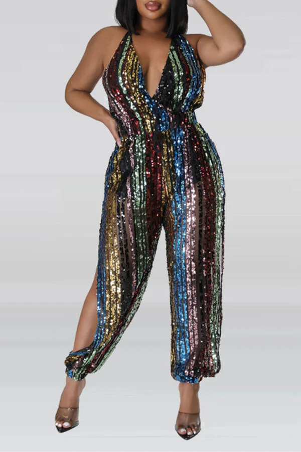 Colorful Striped Sequined Backless High Split Jumpsuit