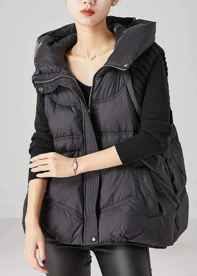 Boutique Black Hooded Patchwork Duck Down Puffer Vests Winter