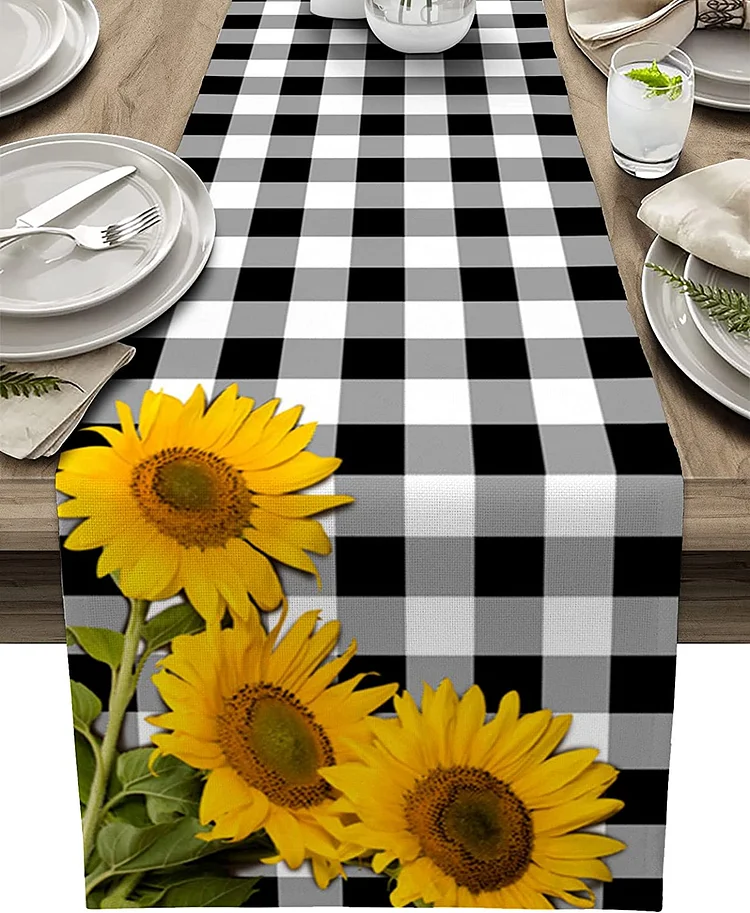 Sunflower Black White Buffalo Plaid Linen Table Runners Kitchen Table Decoration Washable Dining Table Runners Holiday Decor
