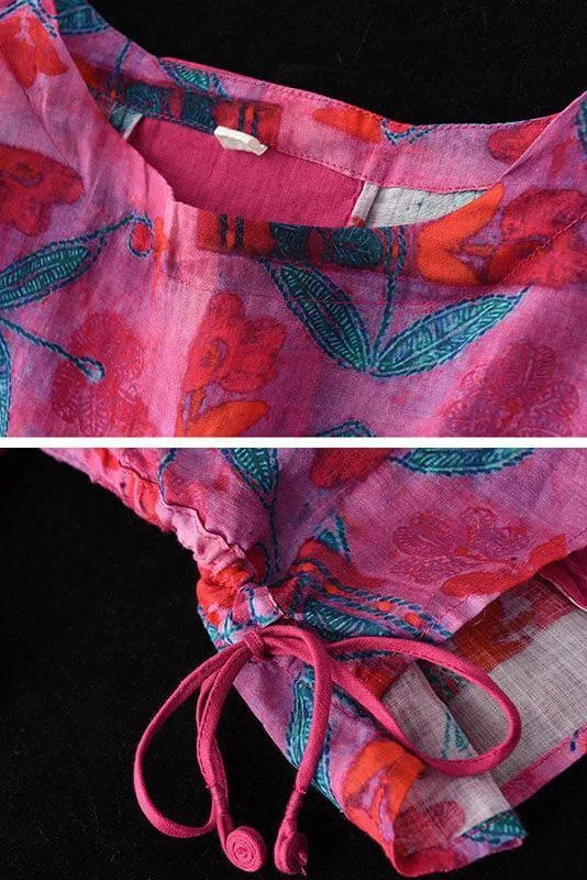 Women Summer Vintage Print O-Neck Thin Ramie Blouse