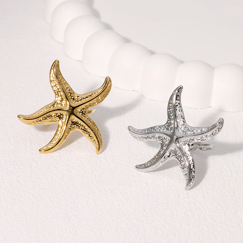 Beach Holiday Style Starfish Ring Personality Exaggerated Ins Style Open Stainless Steel Ring Female