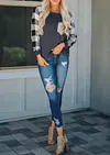 Plaid Splicing Sequined Pocket Long Sleeves T-Shirt