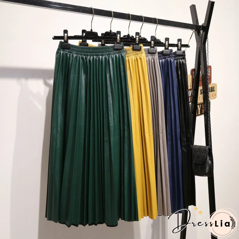 PU Skirt Women Autumn Winter Midi Long Korean Elegant Pleated High Waist Leather Skirt Female A Line Office Skirt