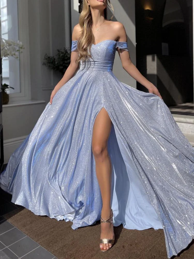 Promsstyle Promsstyle Off shoulder sweetheart neckline deep slit bling sequins gorgeous swing dress Prom Dress 2023