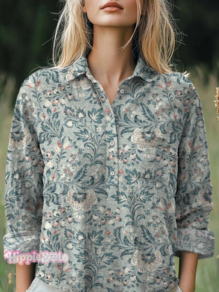 Retro Spring Floral Pattern Printed Women’s Casual Cotton And Linen Shirt Multicolor / S