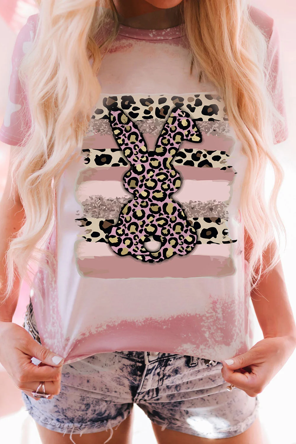 Pink Tie Dye Contrast Leopard Rabbit Graphic T Shirt | IFYHOME