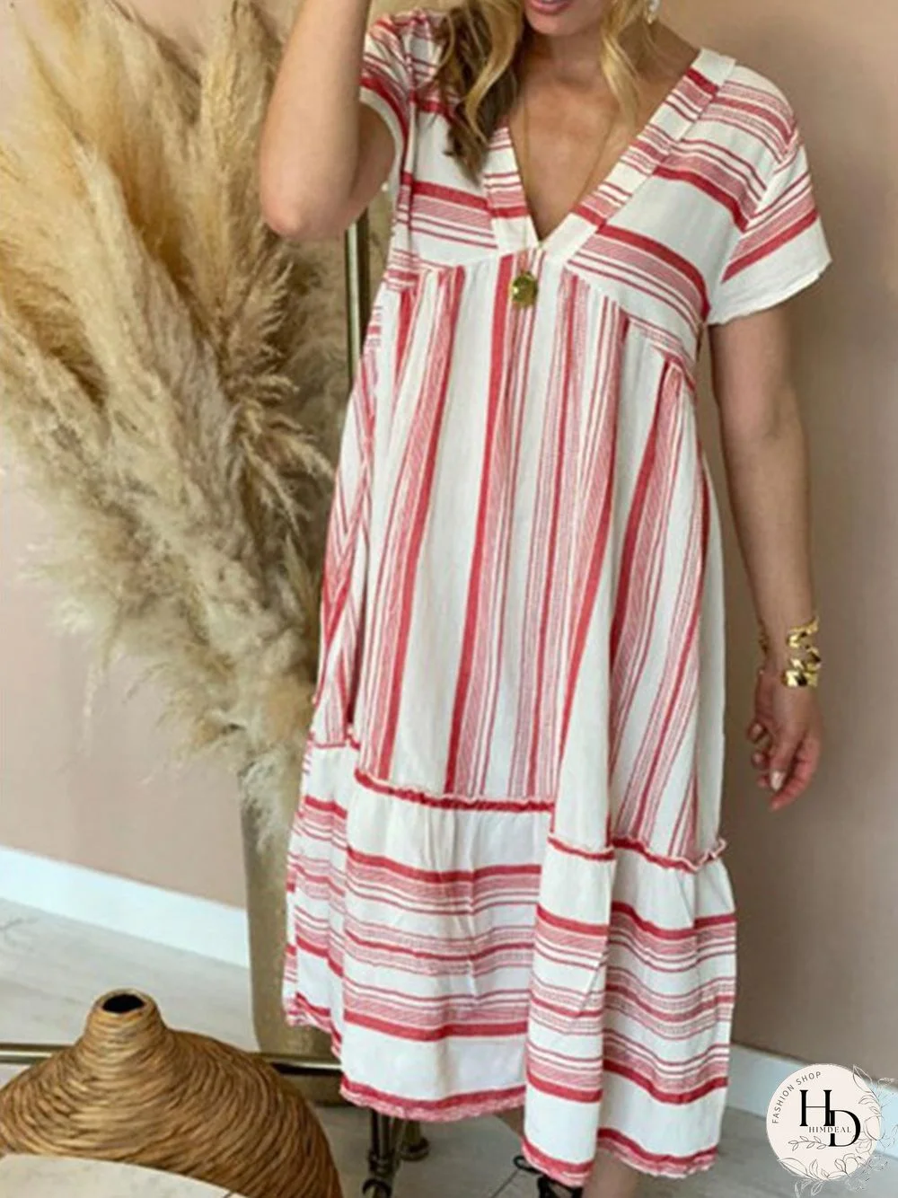 V-neck Striped Short Sleeve Loose Calf-length Dress P16366