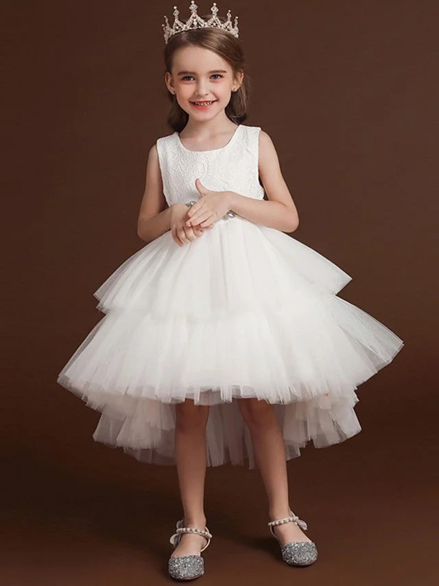 Daisda Ball Gown Sleeveless Jewel Neck Flower Girl Dresses Lace Tulle With Belt Bow Tier
