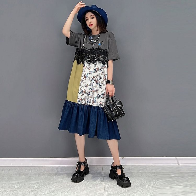 Chic O-Neck Lace Multi Patchwork Short Sleeve Pleated Hem Dress      