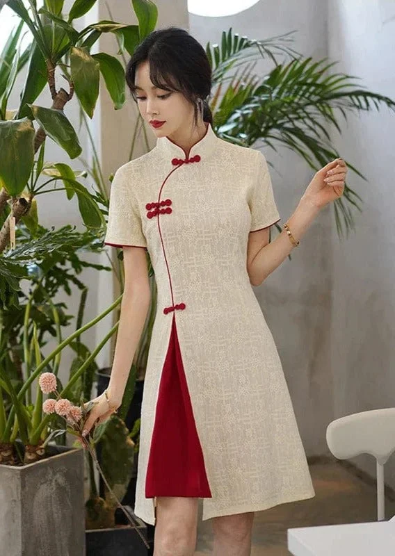 Apricot Red Basic Design Chinese Cheongsam Dress