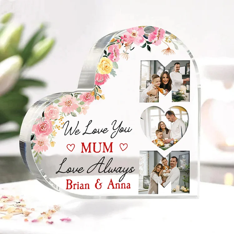 Personalized Text And Photo Acrylic Ornament We Love You Mum Acrylic Heart Keepsake Desktop Ornament for Mother