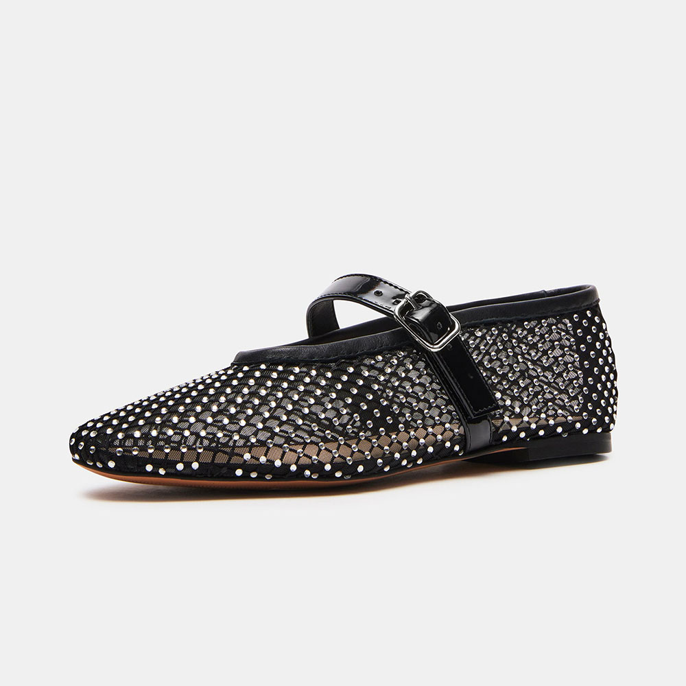  Black Fishnet Round Toe Flat Rhinestone Buckle Strap Ballet Shoes Nicepairs