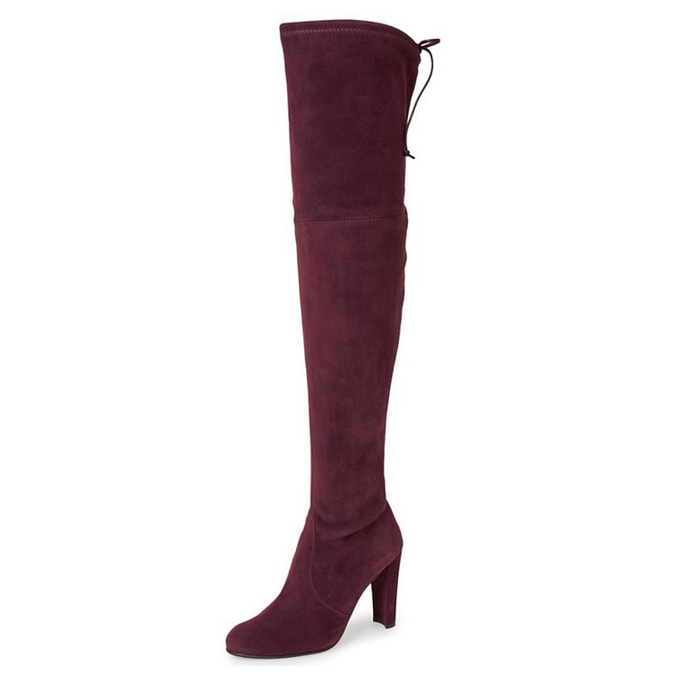 Women's Suede Burgundy Chunky Heel Boots Round Toe Thigh-high Boots |FSJ Shoes