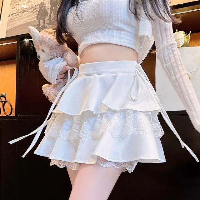 Balletcore High Rise Plain Tiered Tie Side Panel Lace Mini A-Line Skirt