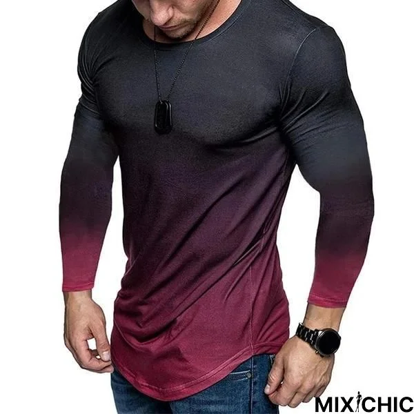 Gradient Round-Neck Long Sleeve Sports Gym Shirts