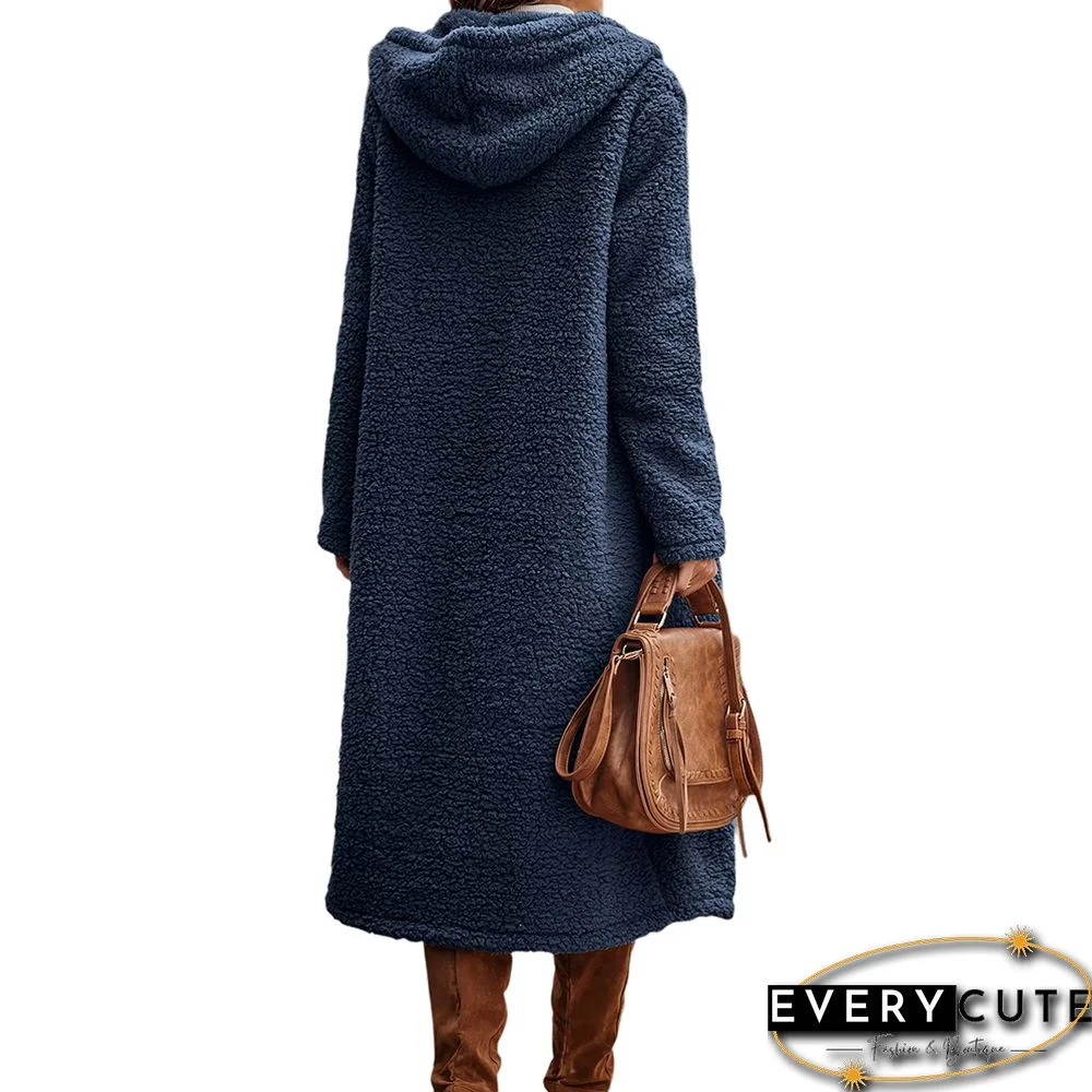 Navy Blue Open Front Long Sleeve Hooded Fleece Coat