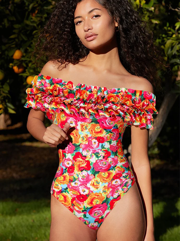 Detachable Double Shoulder Strap With Ruffles One Piece