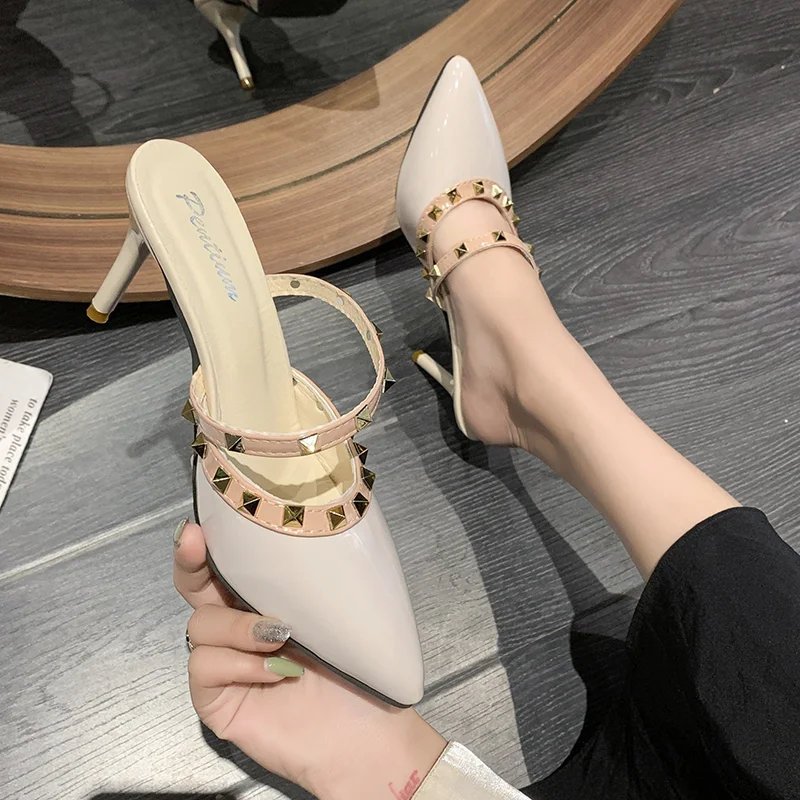 Colourp Women Shoes Summer Mules Slippers High Heels Sandals Rivets Pointed Toe Thin Heels Outside Slippers Free Shipping