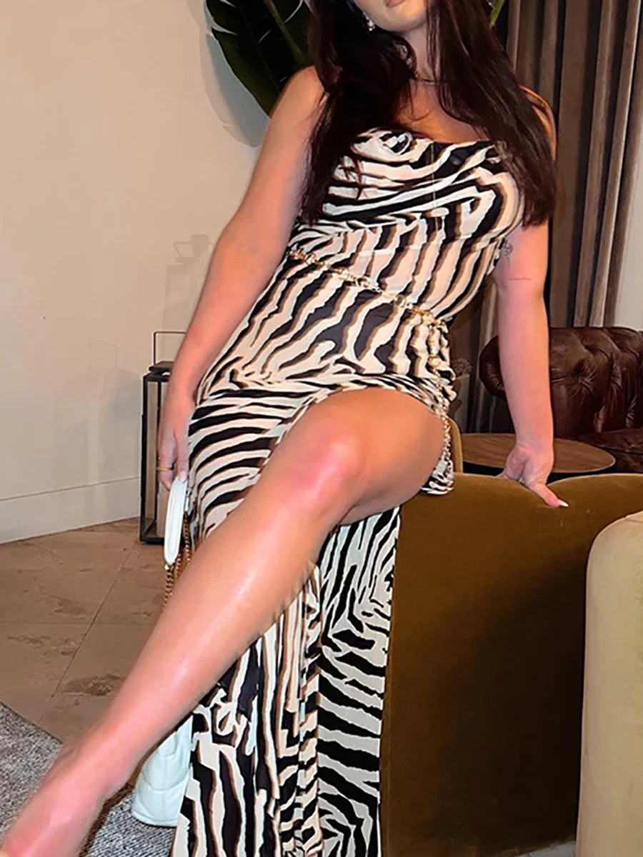 Zebra Print Slit Open Back Slip Dress