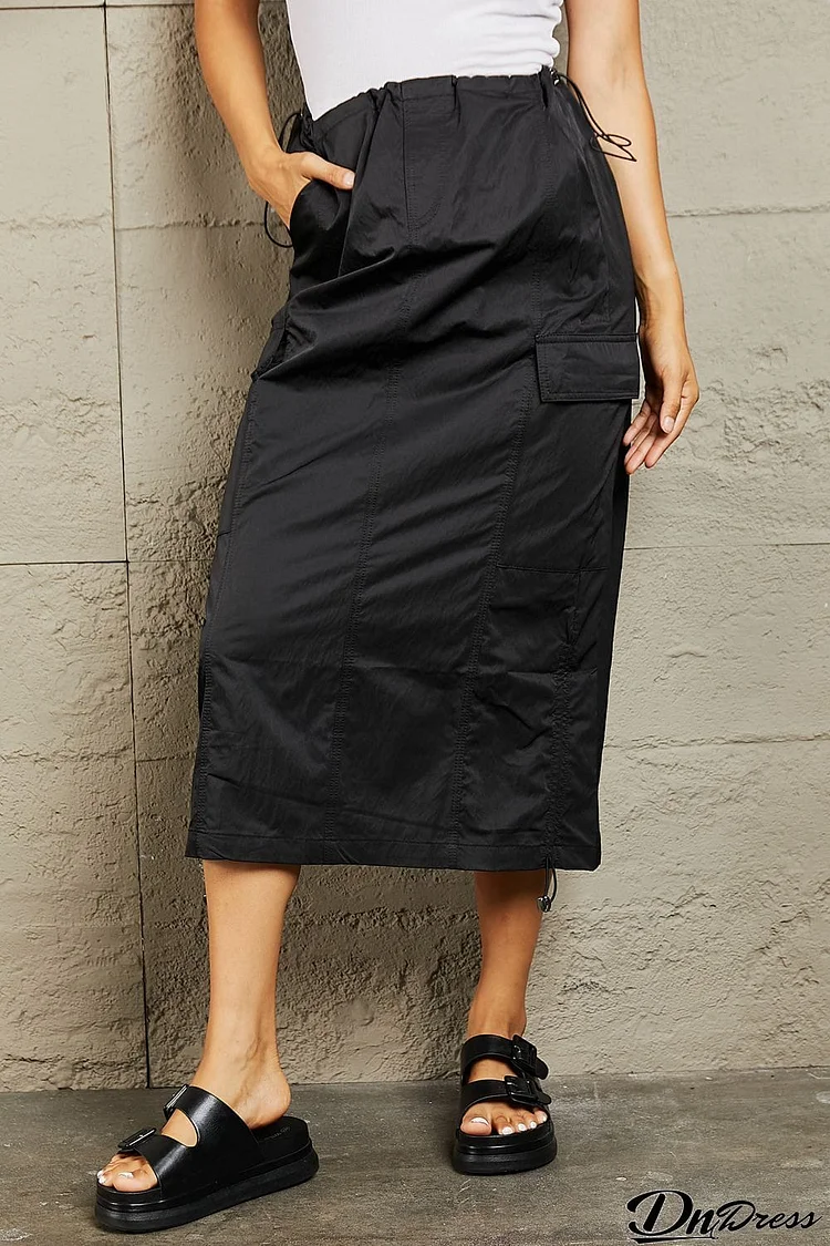 HYFVE Just In Time High Waisted Cargo Midi Skirt in Black