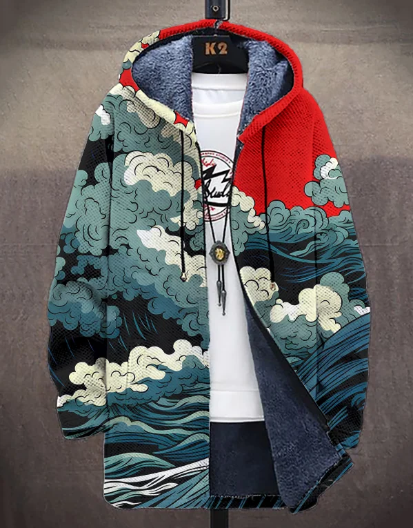 Men's Marine Japanese Art Print Hooded Trench Coat