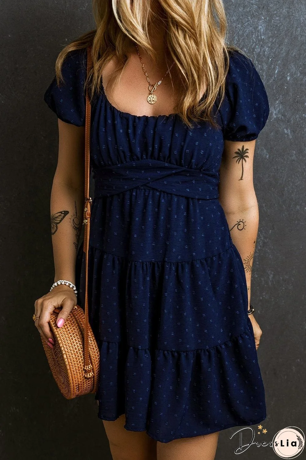 Navy Blue Swiss Dot Puff Sleeve Tiered Summer Dress