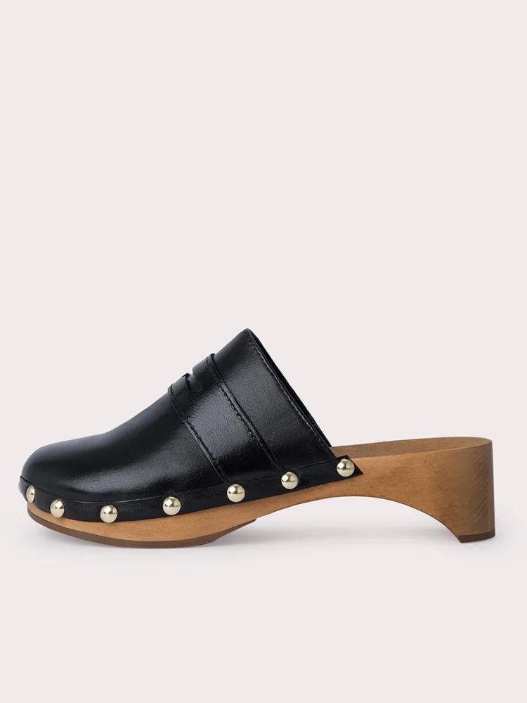 Studded Band Decor Wood Platform Mules Slippers 