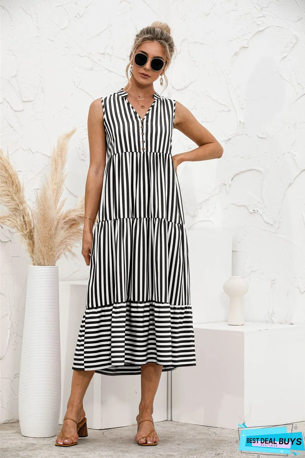 V-Neck Striped Button Stitching Dress