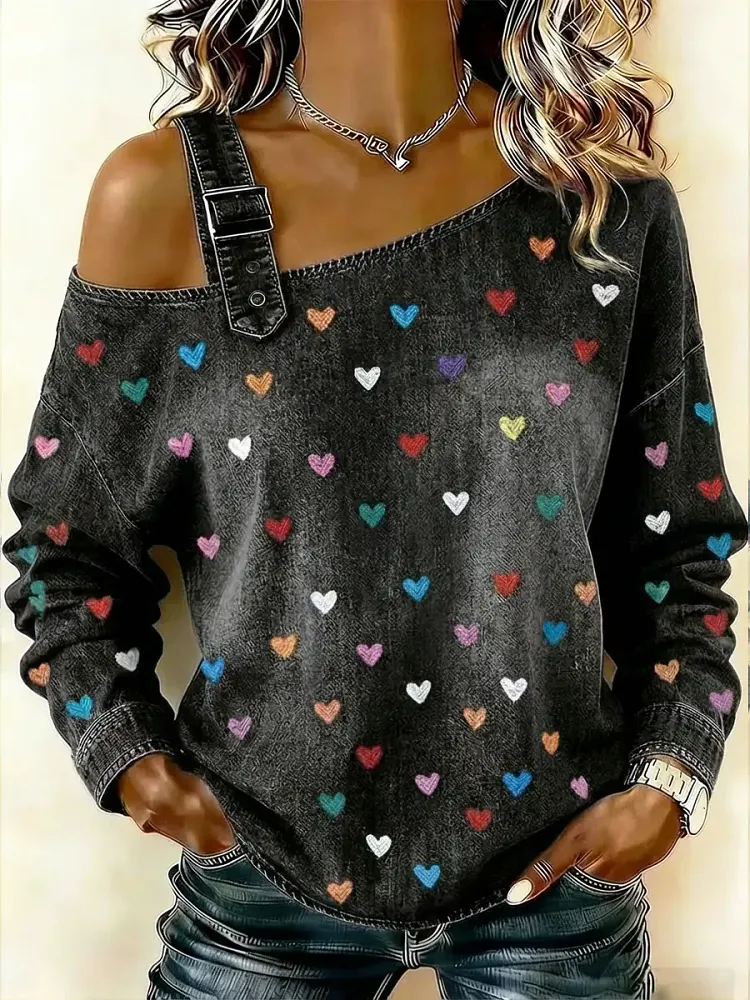 Women's Casual And Fashionable Denim Top With Heart Pattern