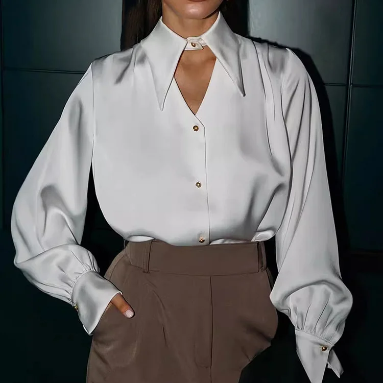 Elegant Bow Tie Neckline Cut Out Long Sleeve Satin Blouse