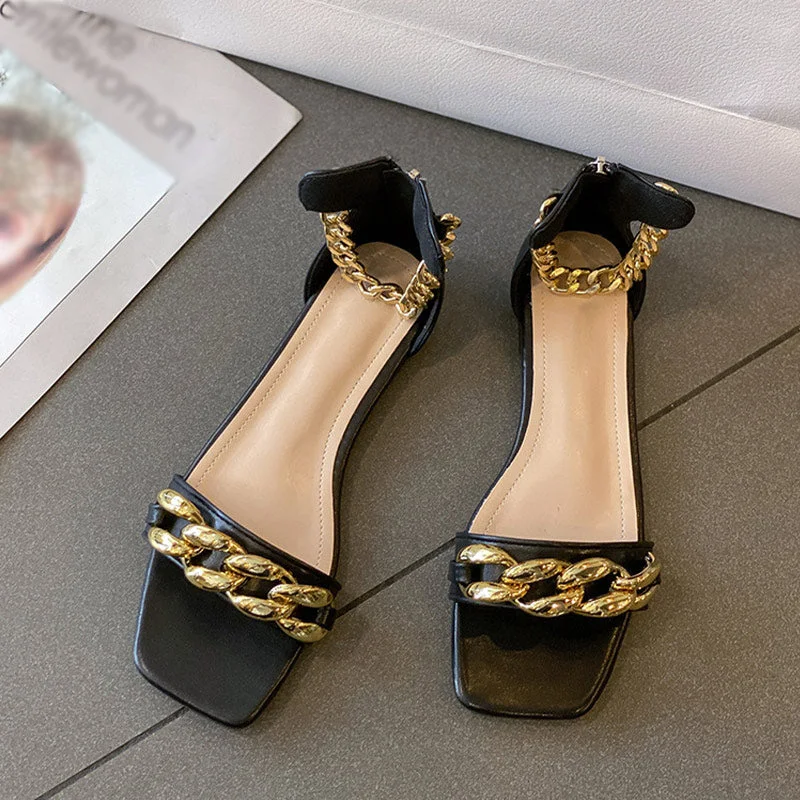 Women's Sexy Sandals Pumps Chain High Heels Summer Shoes Metal Party Fashion Square Toe Cross tied Female Footwear Plus Size 43