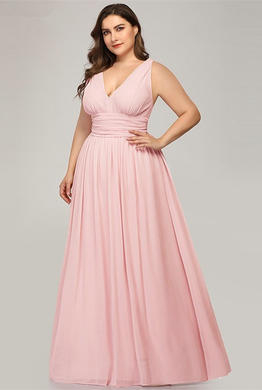 pink v-neck sleeveless long chiffon plus size prom dress