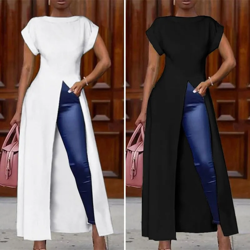 VONDA 2022 Office Shirts Ladies Sexy Split Hem Casual Bohemian Blusas Solid Short Sleeve Tops  Asymmetric Tops Femme