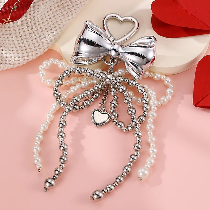 Sweet Cherry Heart Shape Bow Knot Artificial Pearl Alloy Polyester Bag Pendant Keychain