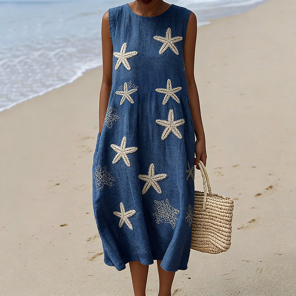 Vintage Starfish Pattern Flowy Linen Midi Dress wearshes