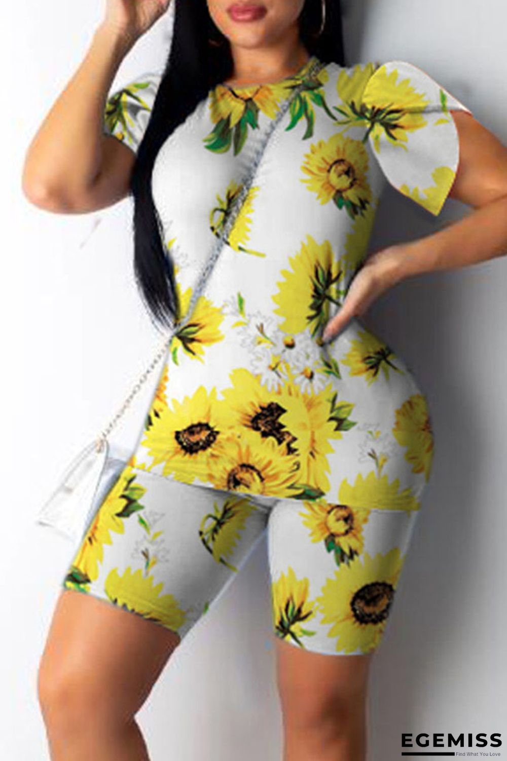 Yellow Casual Print Patchwork O Neck Short Sleeve Two Pieces | EGEMISS