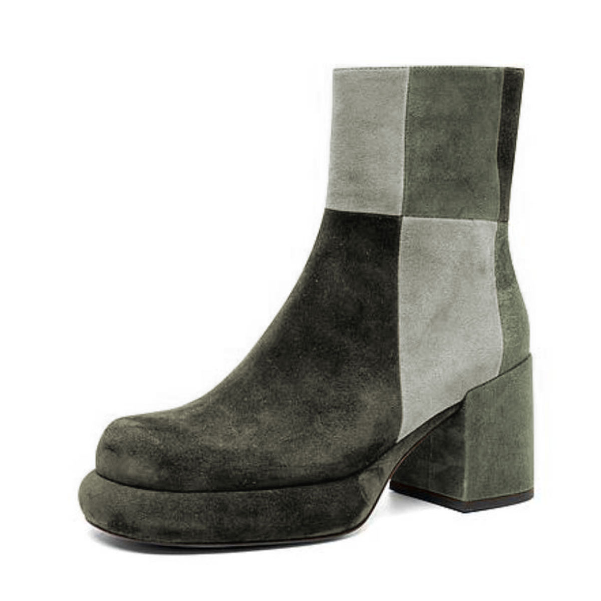 Olive Multi Patchwork Round Toe Block Heel Platform Boots with Zipper Nicepairs