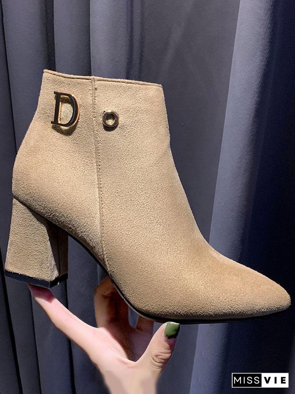 Side Zip Faux Suede Pointed Toe Chunky Heel Booties