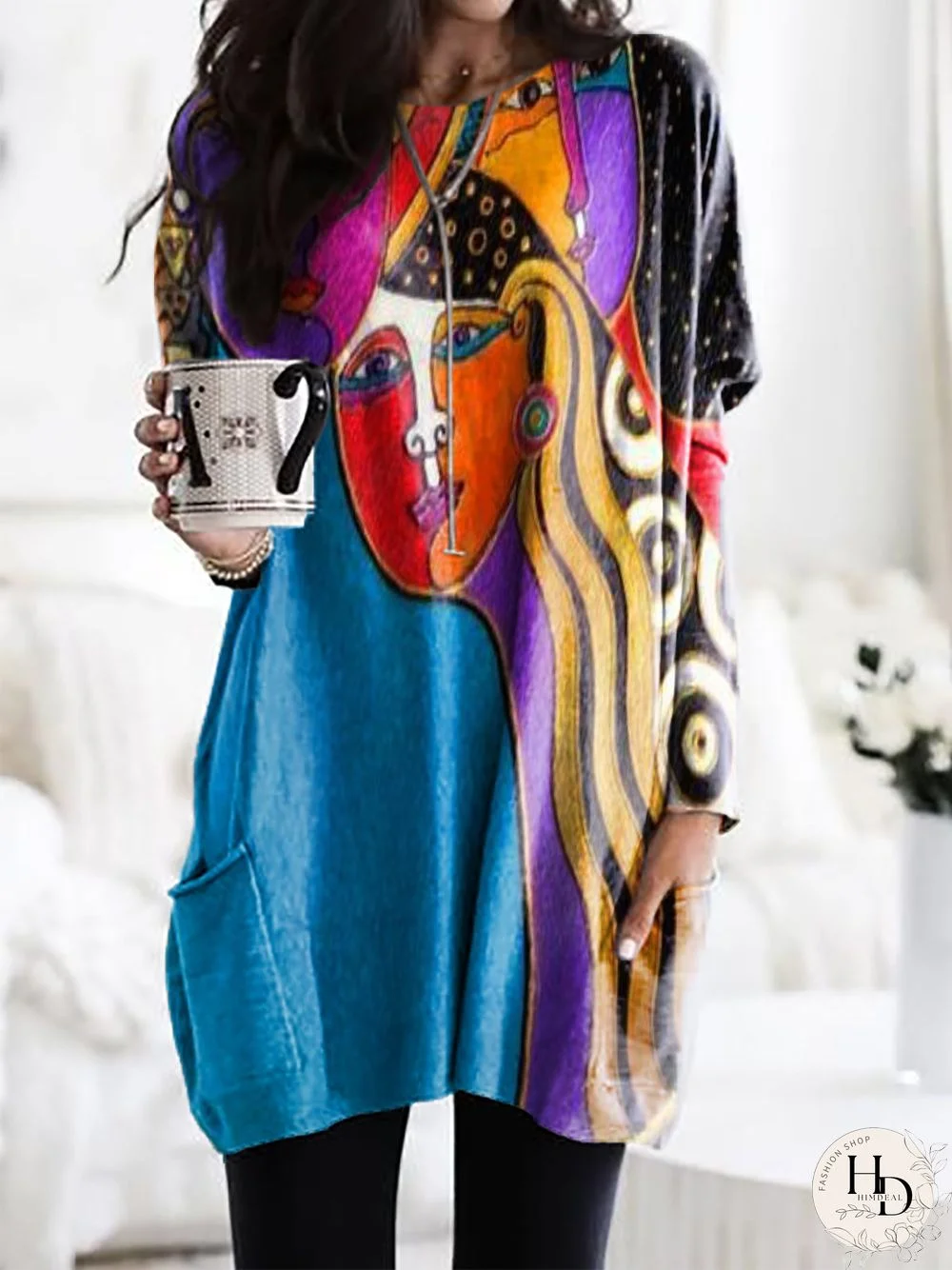 Long Sleeve Abstract Cotton-Blend Knitting Dress