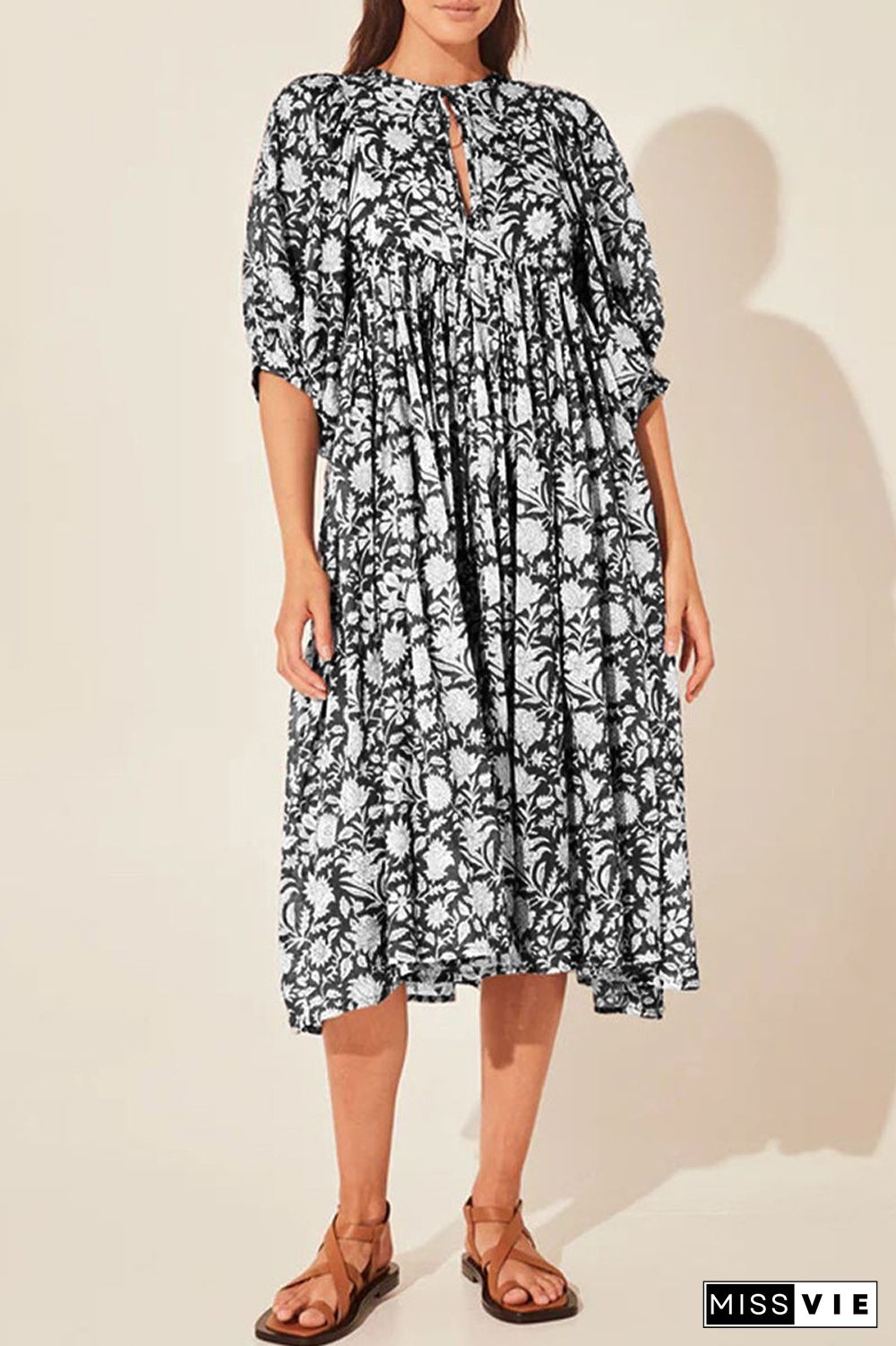 College Vacation Dress Floral Patchwork Frenulum Asymmetrical Collar Beach Dress