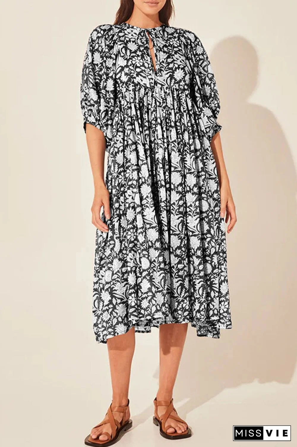 College Vacation Dress Floral Patchwork Frenulum Asymmetrical Collar Beach Dress