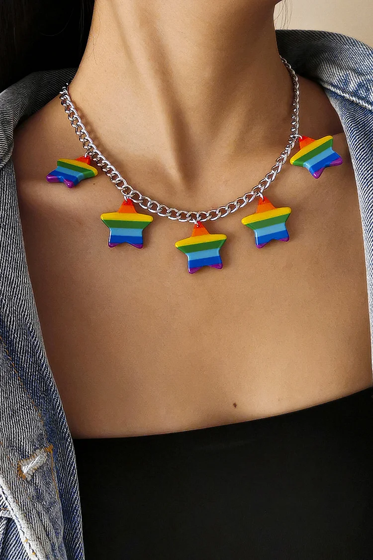 Rainbow Striped Stars Pendant Single-Layer Chain Necklaces